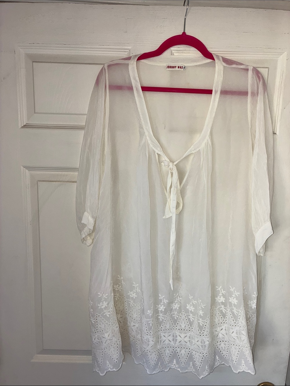 Johnny Was White Sheer Tie-Front Embroidered Tunic